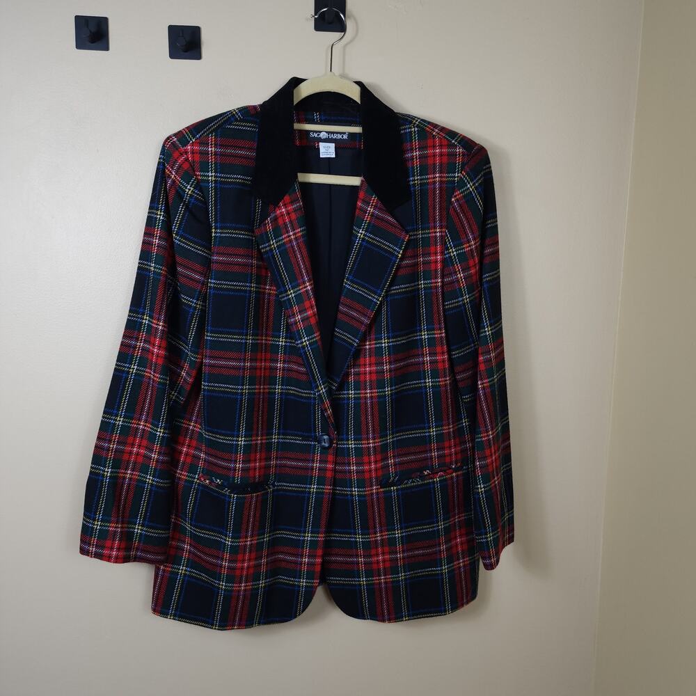 SAG HARBOR Vintage Plaid Button Up Blazer Wool Blend Size 12